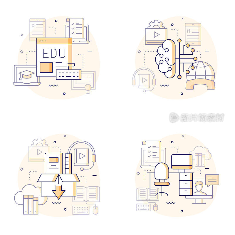电子学习，在线教育和远程教育相关的现代矢量插图
