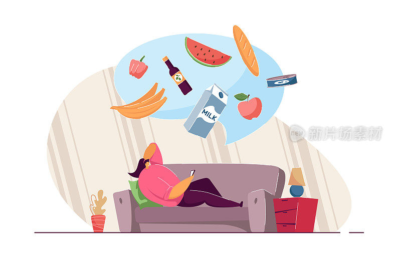 女孩躺在沙发上，用手机app点餐