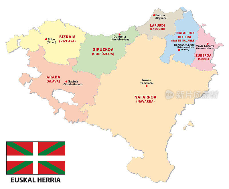 行政地图上有法国和西班牙巴斯克地区的旗帜