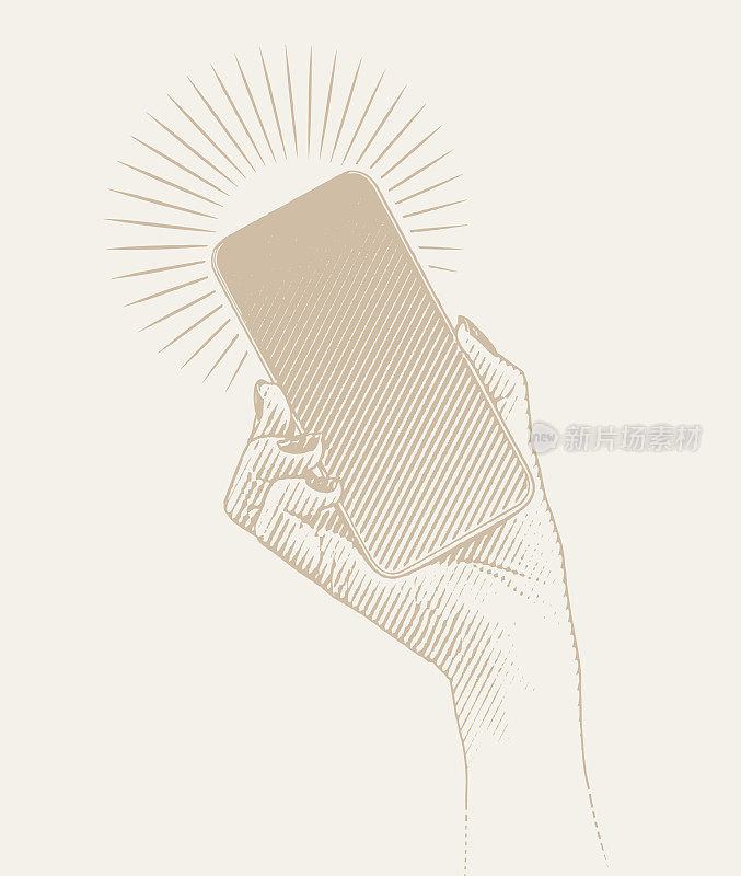 矢量雕刻一个女人的手拿着智能手机