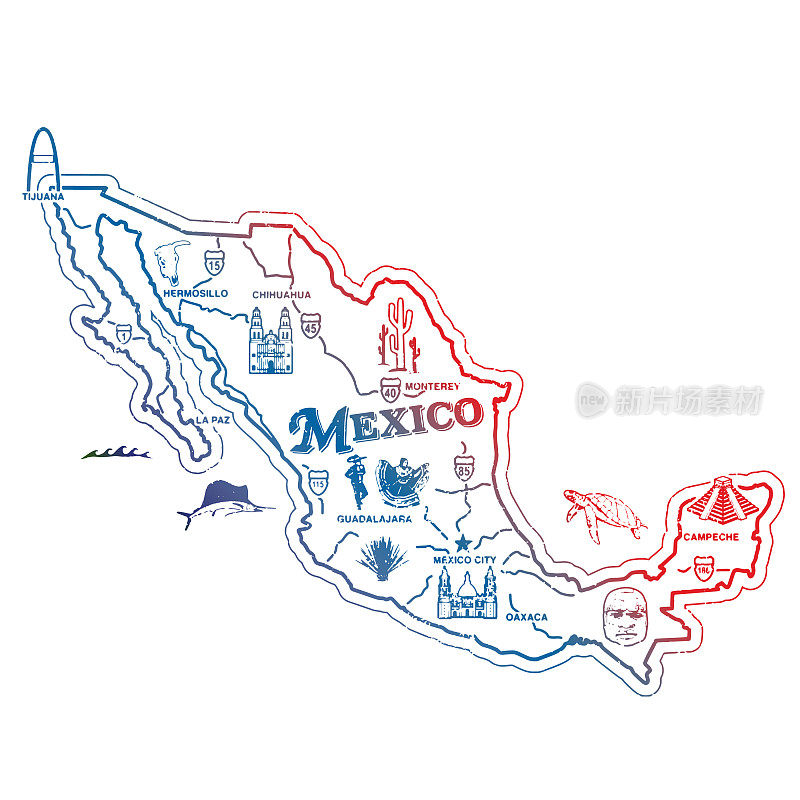 复古墨西哥旅行邮票