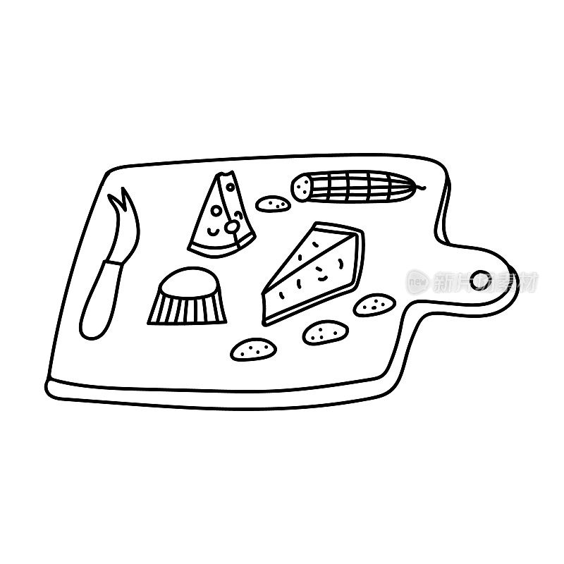 手绘涂鸦素描风格矢量插图一套各种奶酪和木制奶酪板与刀和叉。孤立在白色背景上。