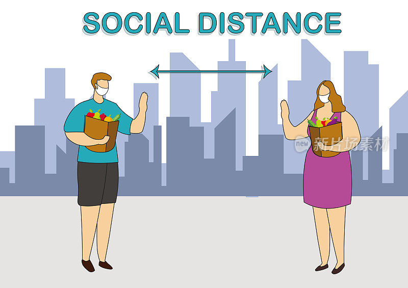 杂货店社会距离排队，社会距离，人们排队与食品，矢量平。社交距离。
