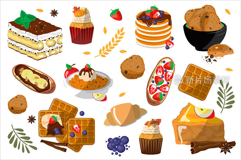 甜点的背景。甜蜜烘焙。馅饼,蛋糕。提拉米苏，煎饼，松饼，意式烤面包，华夫饼，燕麦饼干，苹果派