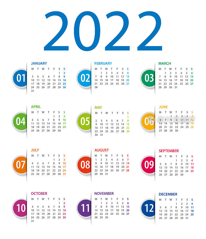2022年日历模板。标记书签。周一是明星周