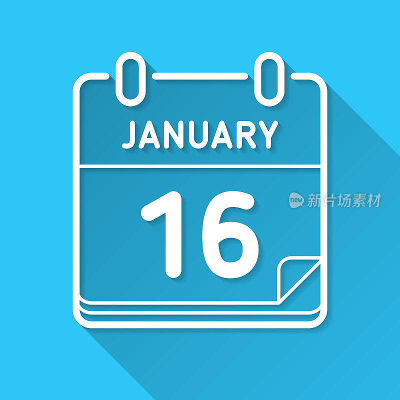 1月16日。图标在蓝色背景-平面设计与长阴影