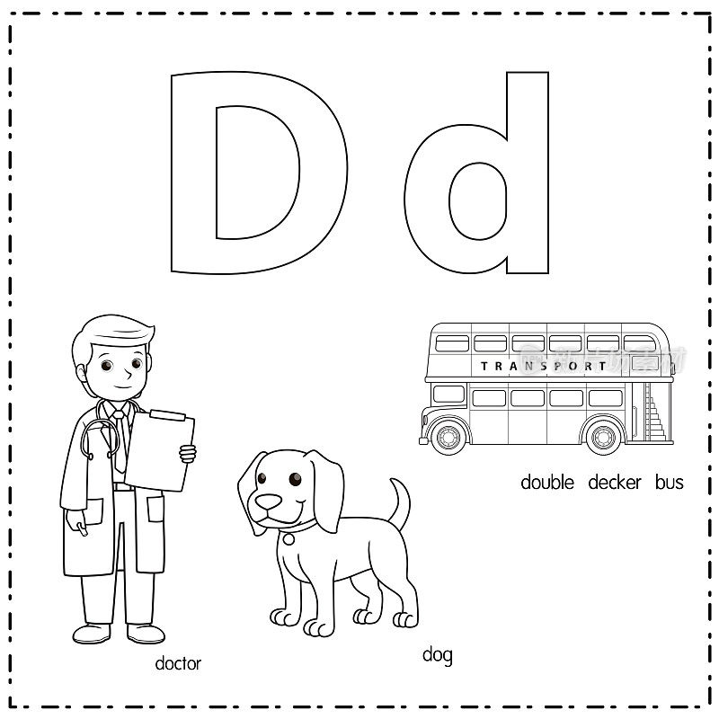 向量插图学习字母D的小写和大写的儿童与3卡通图像。医生狗双层巴士。