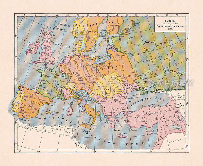 1789年欧洲地图(法国大革命)，彩色印刷版，1900年出版