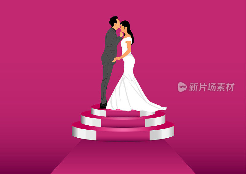 图形图像新娘和新郎夫妇站在讲台上的婚纱粉色色调矢量插图