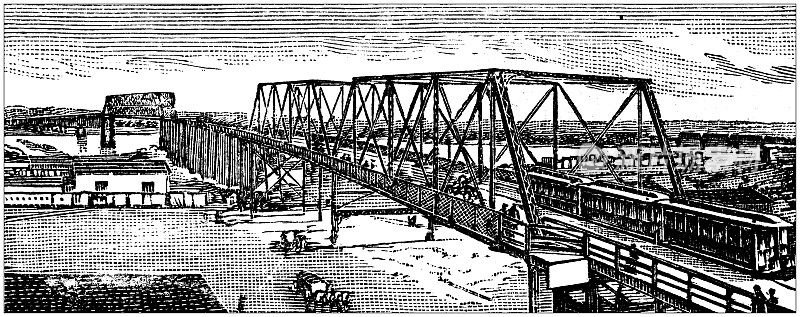 古董插图美国，内布拉斯加州地标和公司:奥马哈，联合太平洋铁路桥