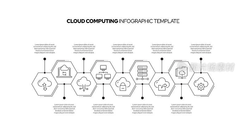 云计算概念矢量线信息图形设计图标。9选项或步骤的介绍，横幅，工作流程布局，流程图等。