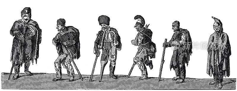 法国军队在1813年回到祖国后的废墟:六个衣衫褴褛的生病的士兵