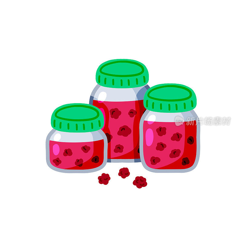 覆盆子果酱。一罐粉色浆果和果汁。玻璃厨具。