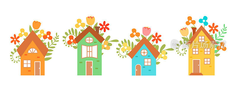 一套可爱的房子孤立在白色背景上。手绘的房子被鲜花包围。设计明信片的插图。