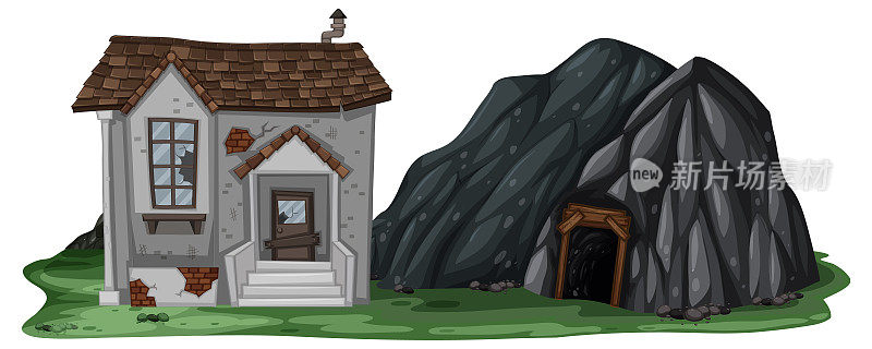 一个废弃的房子，白色背景上有一个岩洞
