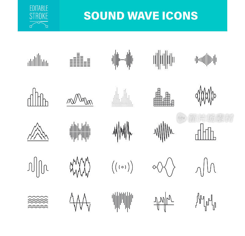 声波图标可编辑的笔画。该集合包含的图标为噪音，波模式，音乐，语音信号