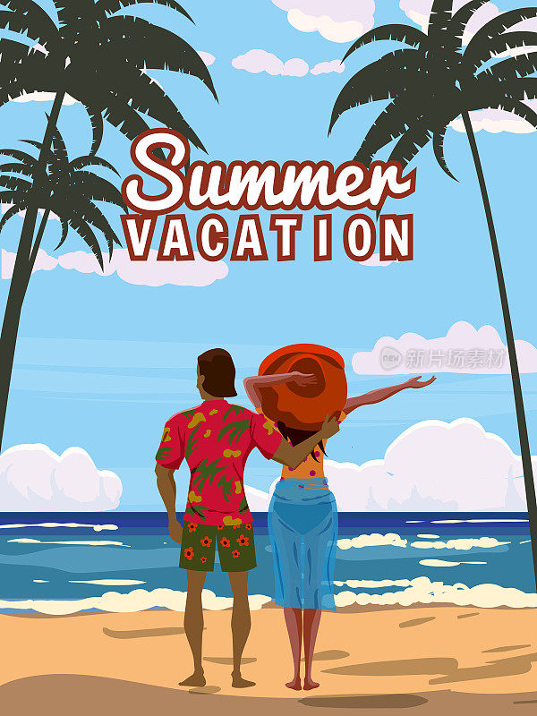 情侣们在海边度假，在沙滩上戴着红帽子享受休息。热带度假胜地，情侣，大海，大海。矢量图