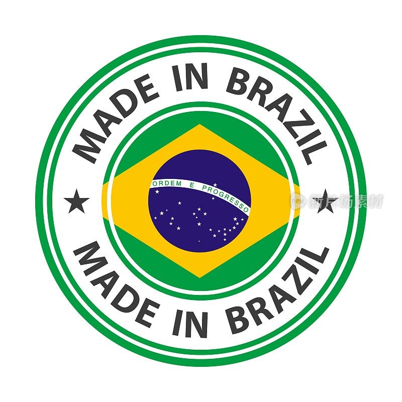 巴西制造的徽章矢量。有星星和国旗的贴纸。标志孤立在白色背景。