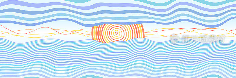 抽象的风景风格化，海上的波浪，太阳和云，旗帜