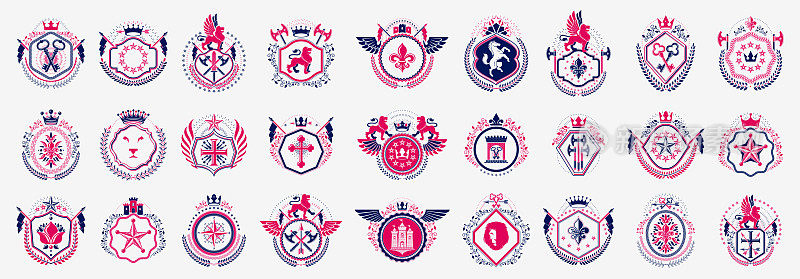 经典风格的徽标大集，古代纹章符号奖项和标签集合，古典纹章设计元素，家庭或企业徽标。