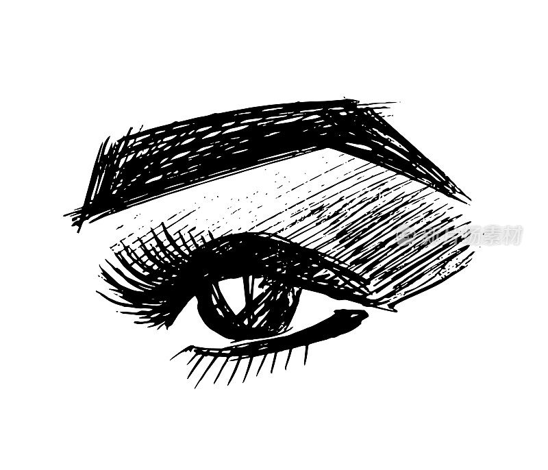 睫毛标志向量。眼睛，眉毛纹身-美容院图标。睫毛延伸-素描，手绘分离。视线,