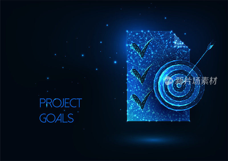 项目目标概念与文件和目标符号在未来发光低聚风格的蓝色
