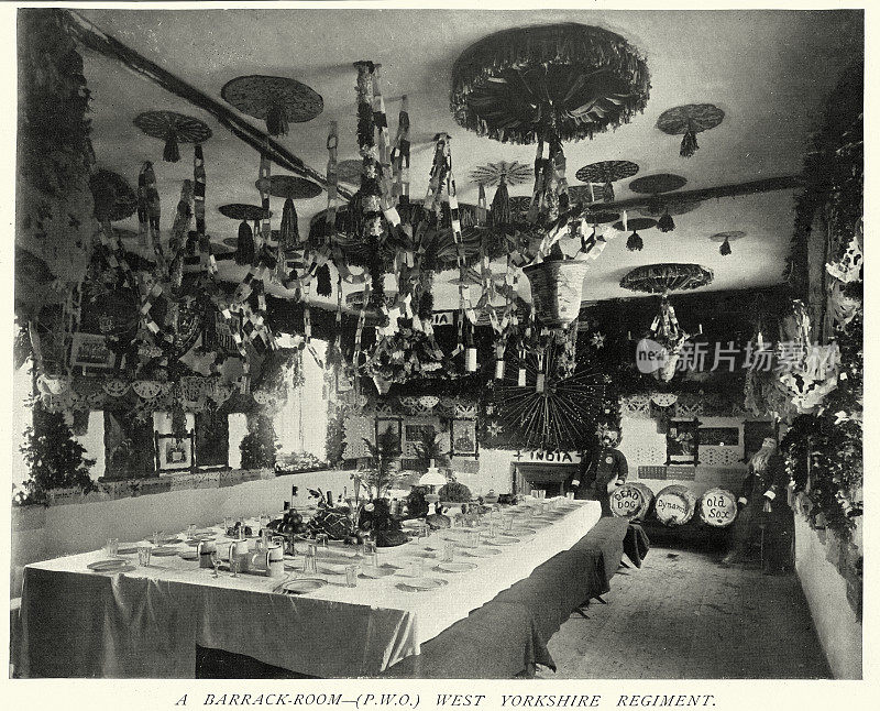 西约克郡团营房的圣诞装饰和餐桌设置，维多利亚19世纪，英国军事史
