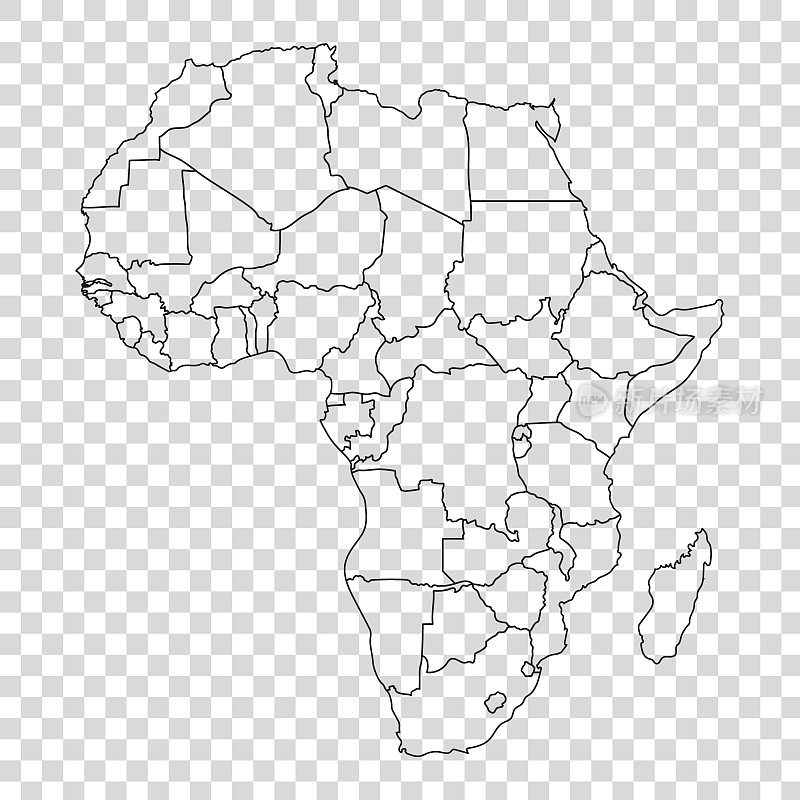 非洲地图，每个国家的边界在一个透明的背景。