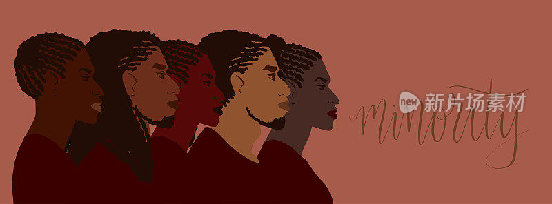 一群有着不同发型的美国黑人。男人和女人的人群插图。少数民族文字