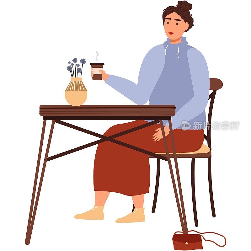 女人在咖啡馆喝咖啡，坐在桌子向量