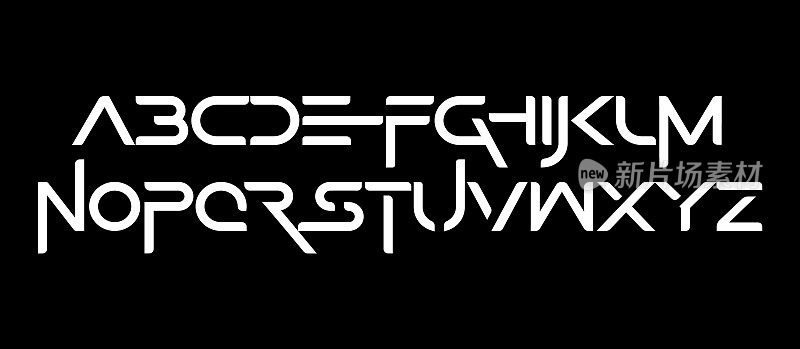 现代电影字体，在字母和拉长的交替符号里面有镂空。未来字母在韩国时尚风格。不寻常的字母标志，字母组合，标题。矢量字体设计