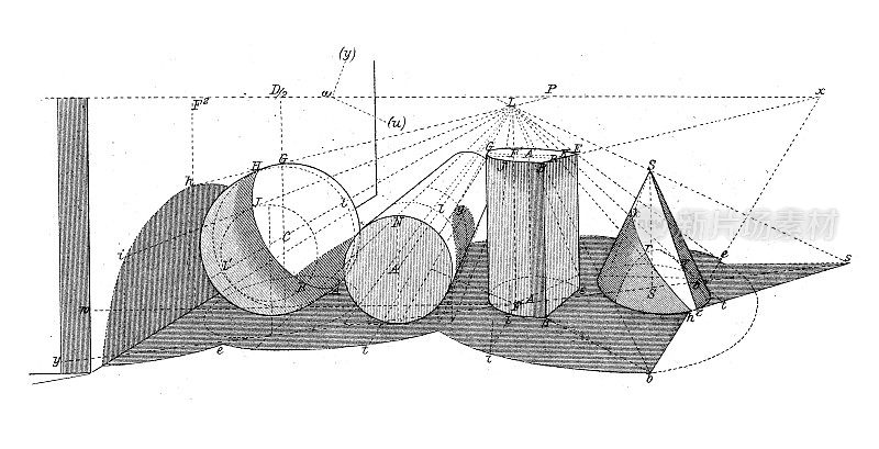 古董插图，数学和几何:透视，固体形状的阴影