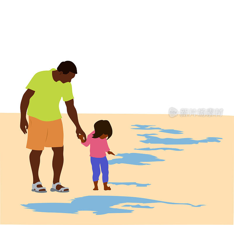 落潮时，父亲牵着女儿的手走在沙滩和水坑上