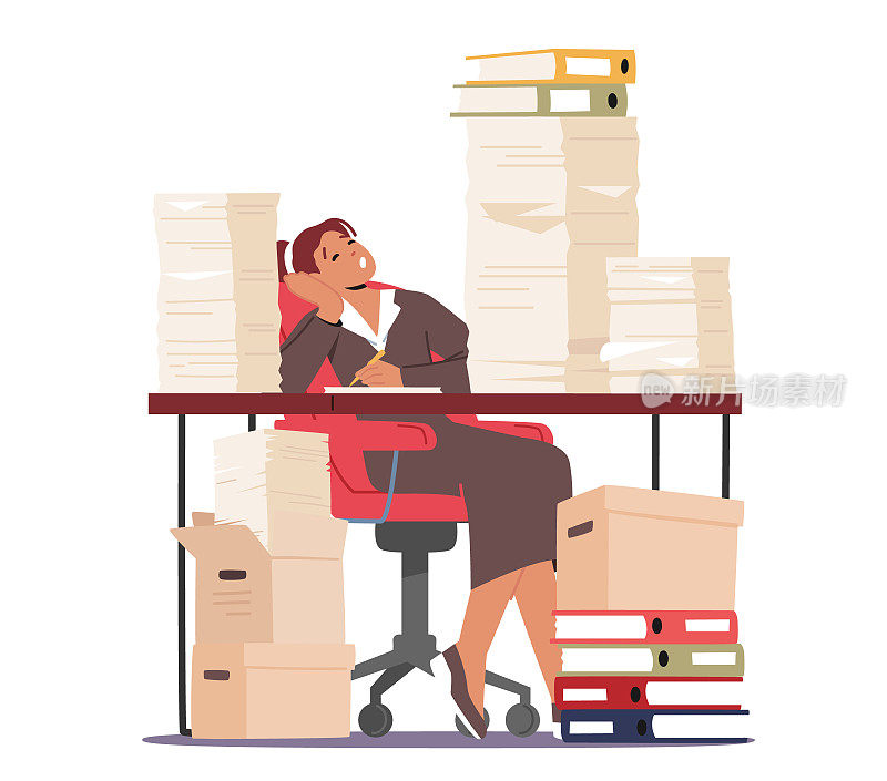 疲惫的商务女性在工作场所睡觉，有成堆的文件和文书。办公室里工作缠身的秘书