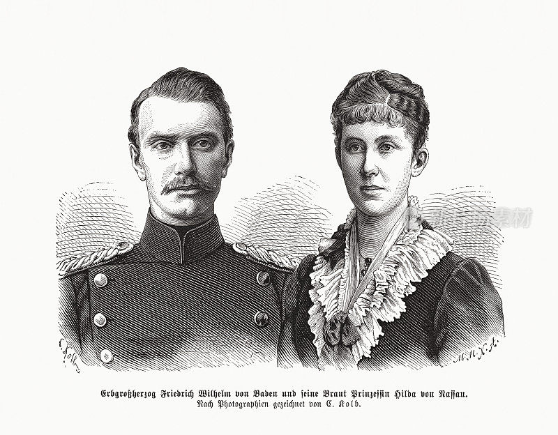 巴登腓特烈二世和拿骚的希尔达，木刻，1885年