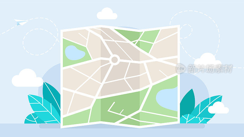 折叠地图。城市地图导航。GPS导航器。俯视图，从上面看。抽象的背景。横幅的网站，网页，传单。导航。可爱的简单的设计。平的风格。矢量图