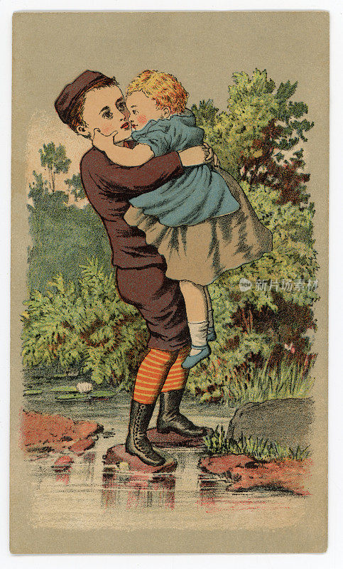 一个男孩抱着他的妹妹过河的彩色印版