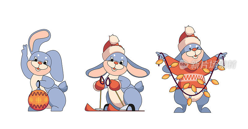 可爱的圣诞兔子，2023年新年的卡通兔子。戴着圣诞帽的搞笑圣诞动物人物