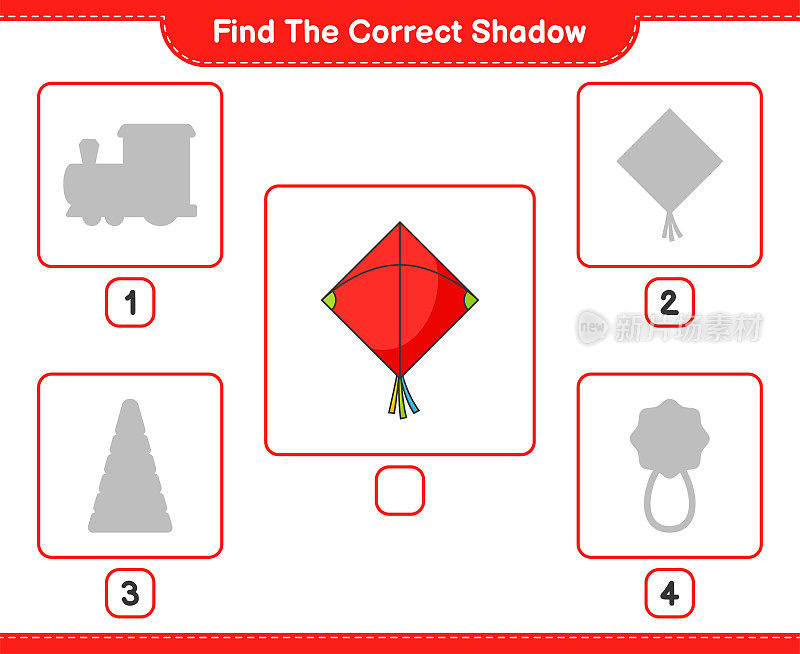 找到正确的阴影。找到并匹配风筝的正确影子。教育儿童游戏，可打印的工作表，矢量插图