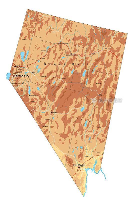 高度详细的内华达州物理地图与标签。