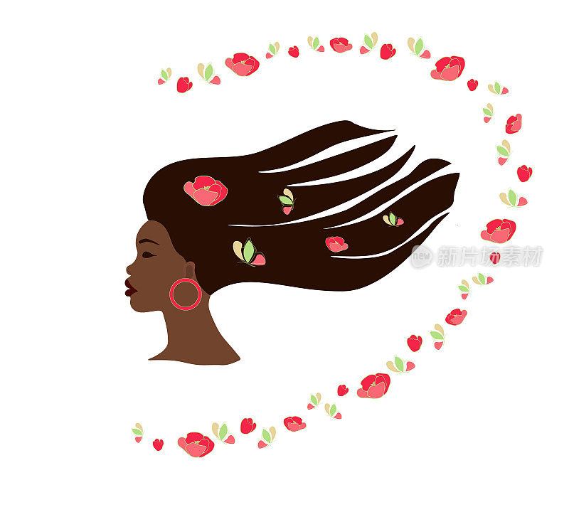 一个年轻漂亮的非洲女人，带着花和蝴蝶