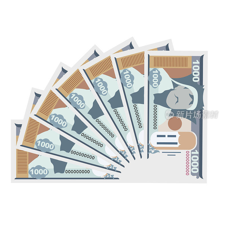 蒙古图格里克矢量插图。蒙古货币套捆绑钞票。纸币1000兰特。平的风格。孤立在白色背景上。简单的最小设计。