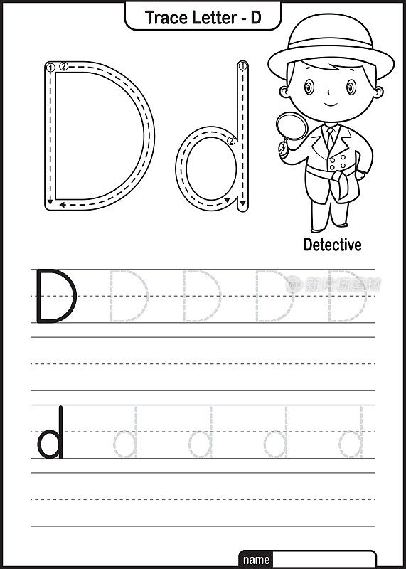 字母跟踪字母A到Z学龄前工作表与字母D侦探亲矢量