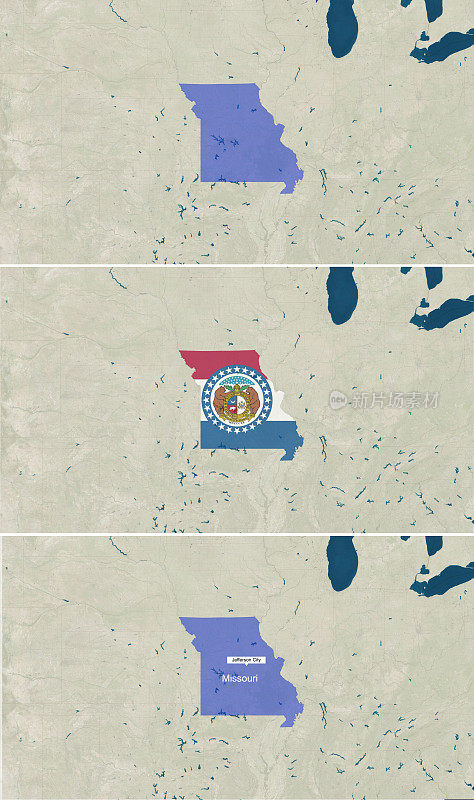 密苏里州的地图，有文字，无文字，有旗帜