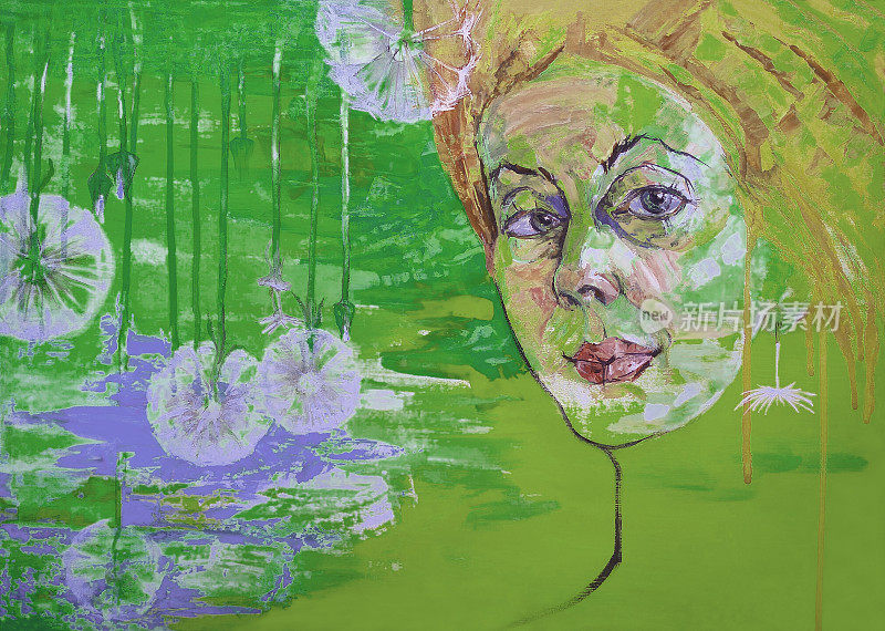 插图油画肖像的年轻女子长发背景的空地蒲公英在绿色的色调