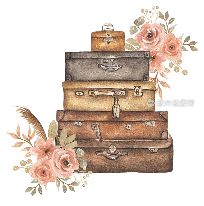 秋季复古行李箱，水彩秋季珊瑚花束，米色草药，行李箱插画，旅行行李箱艺术，旧行李箱海报，复古设计，婚礼邀请