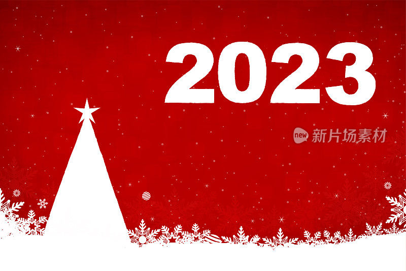 闪闪发光的圣诞水平红色背景新年快乐文字2023和白色抽象三角形的圣诞树与一颗星星在顶部和雪花和闪亮的点在明亮的充满活力的栗色背景