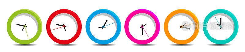 平面风格的时间概念。在孤立的白色背景上的一套现代机械彩色时钟。