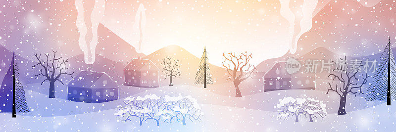 梦幻般的冬季风景，小村庄，雪花