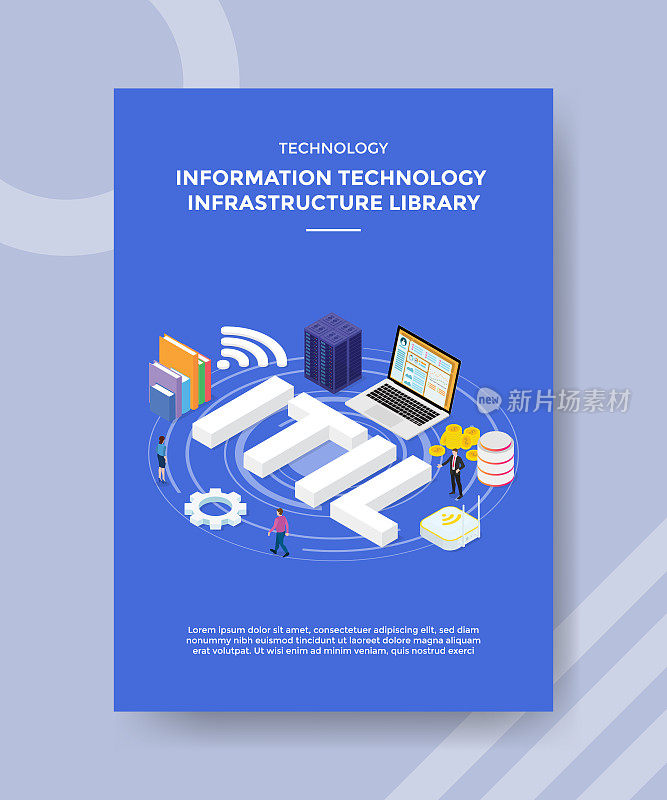 信息技术基础设施图书馆的人站在文本ITIL为模板传单和印刷横幅封面书书籍现代平面风格